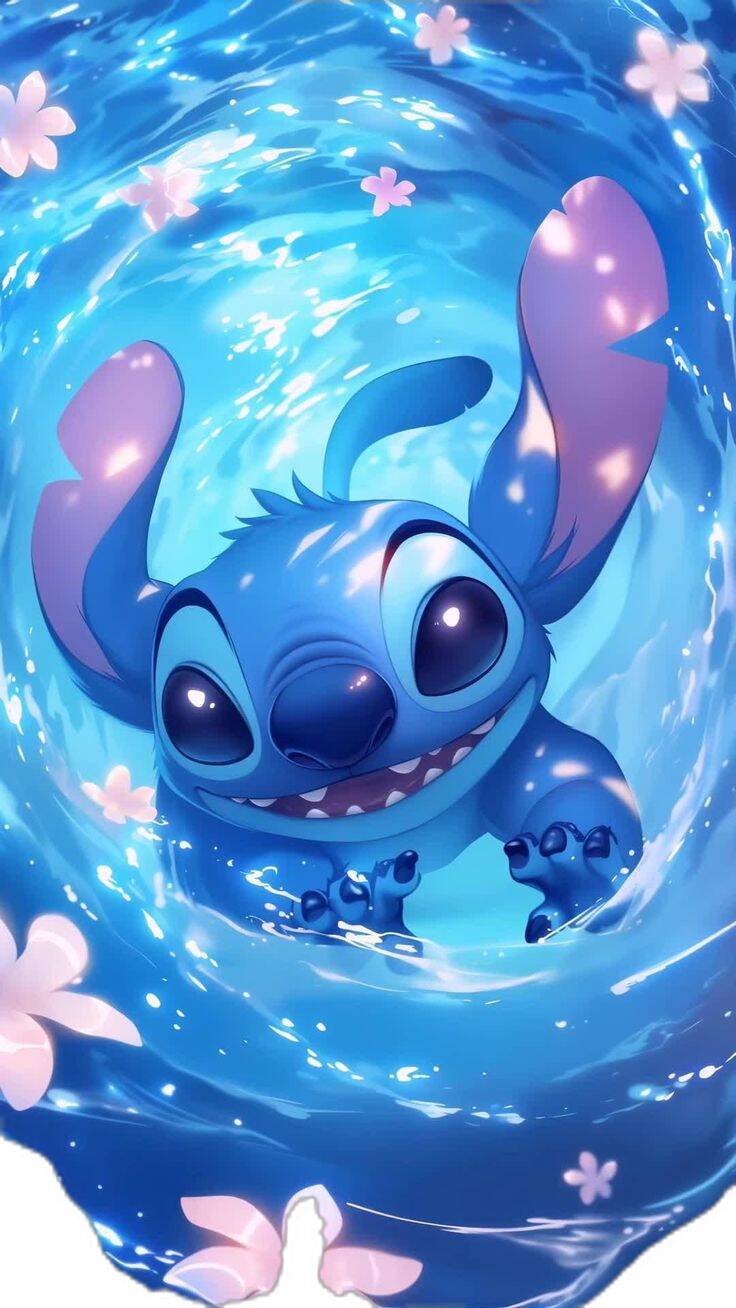 Fondo de Pantalla de Stitch Jugando en el Agua con Flores para Celular/iPhone 4K