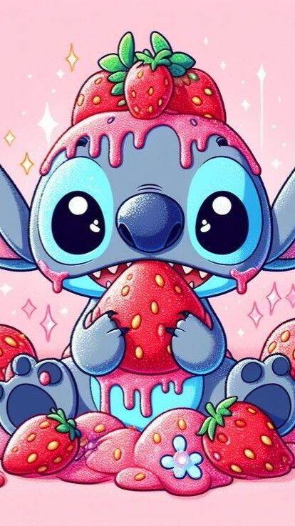 Fondo de Pantalla Lindo de Fresas Stitch para Móvil/iPhone 4K