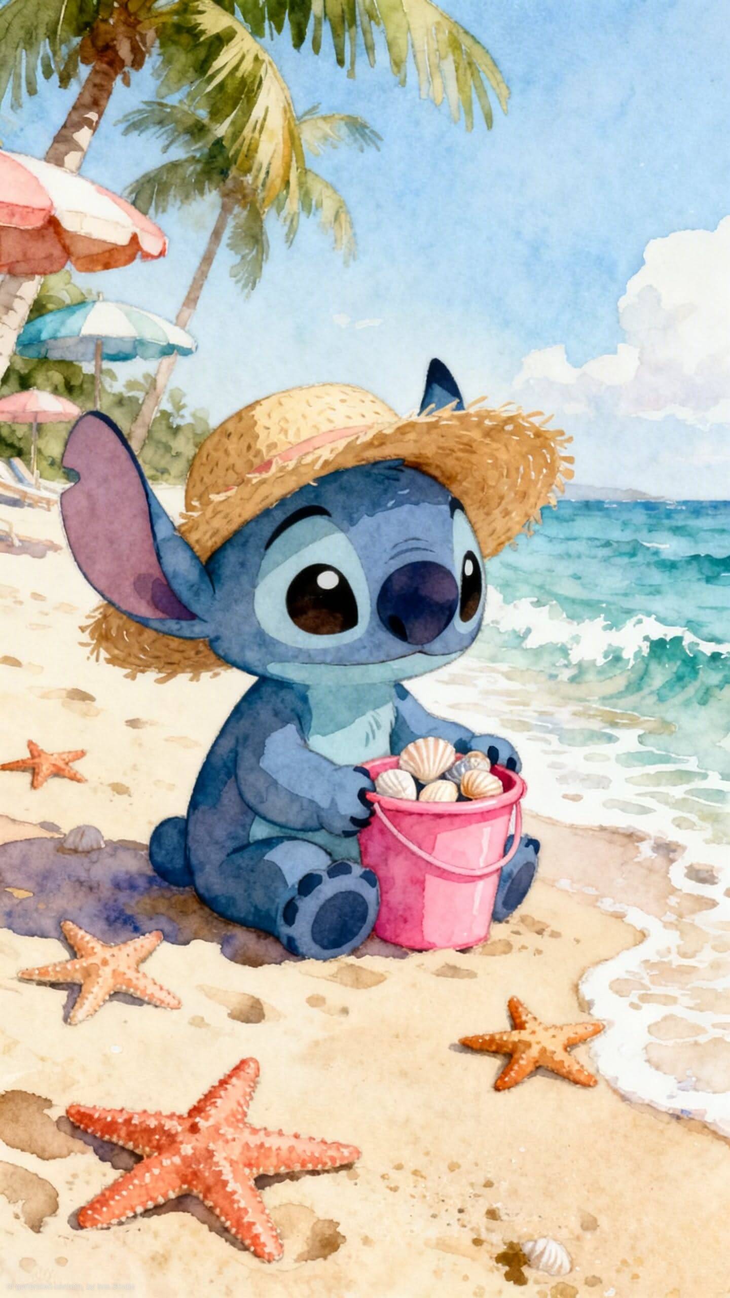 Papel de Parede do Stitch Fofo na Praia com Conchas para Celular/iPhone 4K