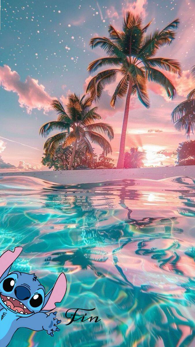 Papel de Parede do Stitch na Praia ao Pôr do Sol para Celular/iPhone 4K