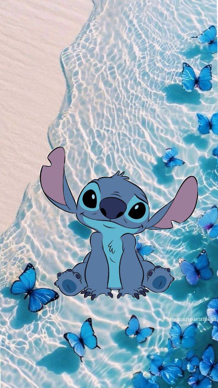 Fond d'écran Stitch mignon avec des papillons bleus pour mobile/iPhone 4K