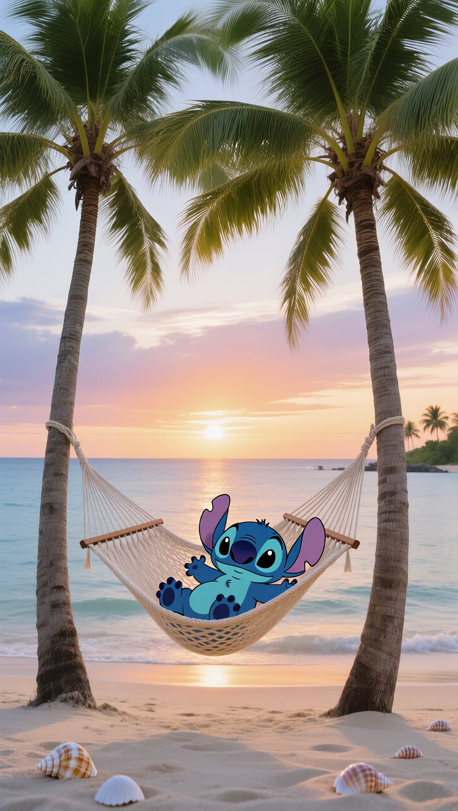 Papel de Parede do Stitch Relaxando na Rede ao Pôr do Sol para Celular/iPhone 4K