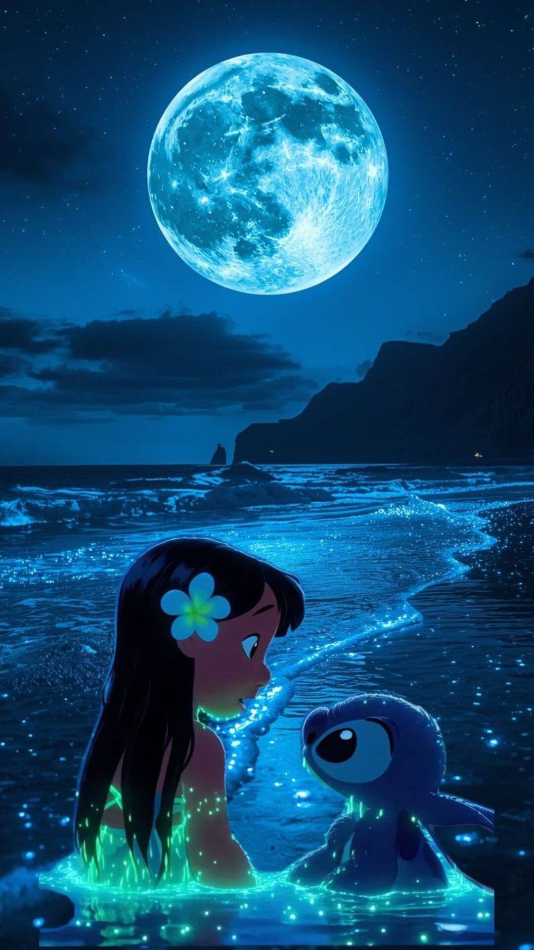 Papel de Parede do Stitch e Lilo na Praia Sob a Lua Cheia para Celular/iPhone 4K