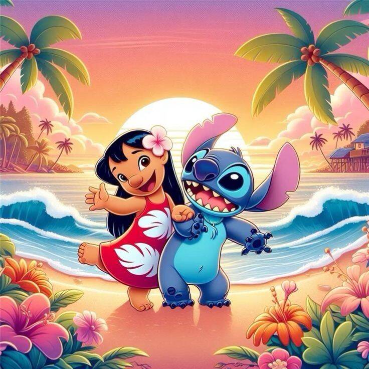 Papel de Parede do Stitch e Lilo na Praia ao Pôr do Sol para Celular/iPhone 4K