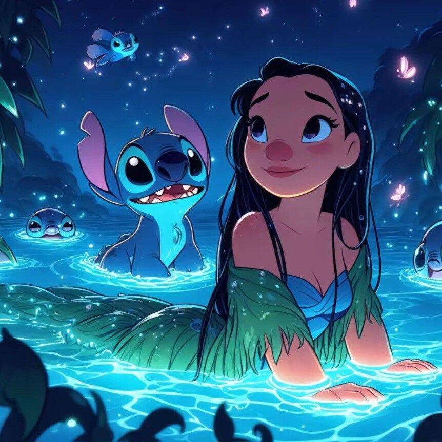 Papel de Parede do Stitch e Lilo na Água Brilhante para Celular/iPhone 4K