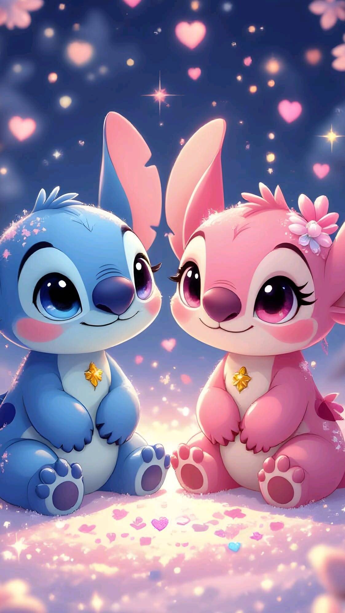 Fondo de Pantalla de Stitch y Lindo Ángel con Corazones para Móvil/iPhone 4K