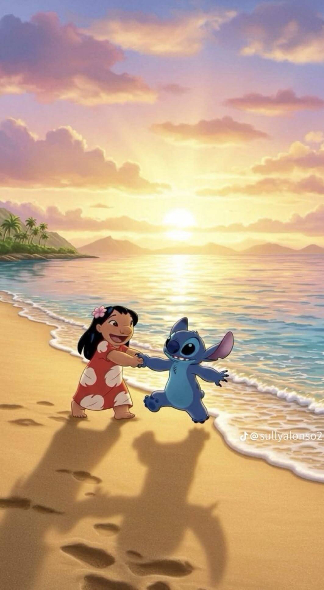 Fondo de Pantalla de Stitch y Lilo en la Playa al Atardecer para Celular/iPhone 4K