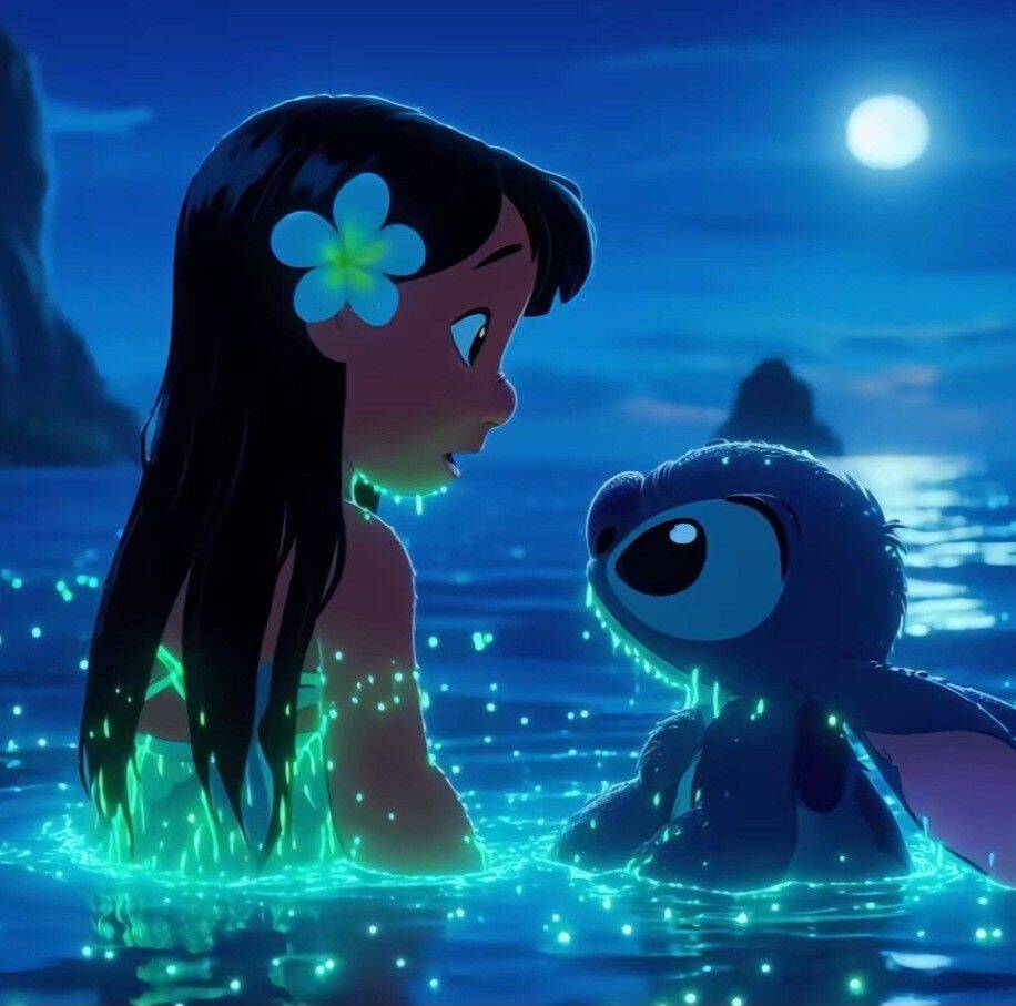 Papel de Parede do Stitch e Lilo Brilhando na Água para Celular/iPhone 4K
