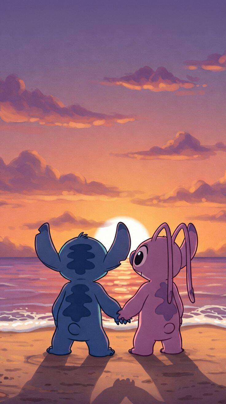 Papel de Parede do Stitch e Angel Assistindo ao Pôr do Sol para Celular/iPhone 4K