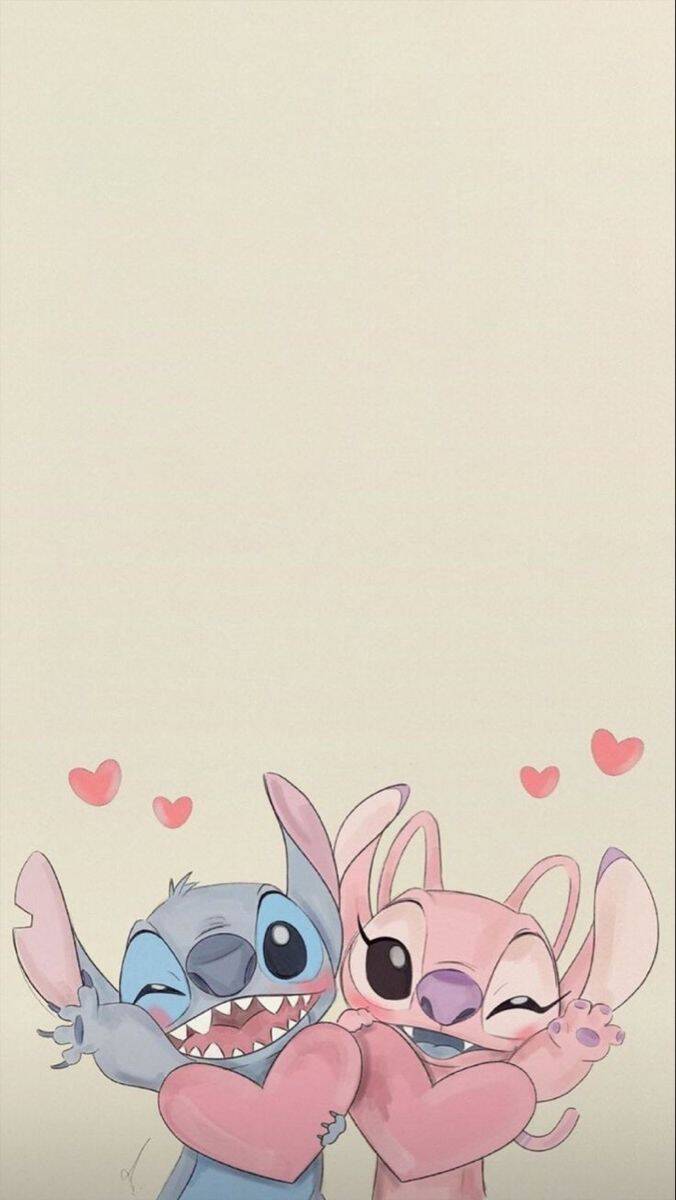 Fondo de Pantalla de Stitch y Angel Abrazándose con Corazones para Celular/iPhone 4K