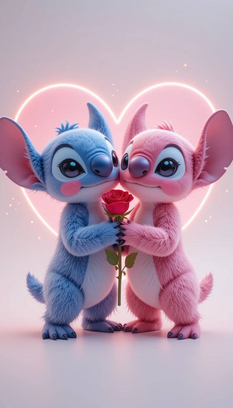 Fondo de Pantalla de Stitch y Ángel con Corazón y Rosa para Celular/iPhone 4K