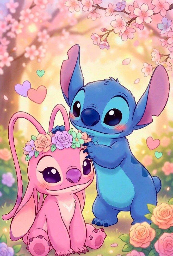 Fondo de Pantalla de Stitch y Ángel con Flores para Celular/iPhone 4K