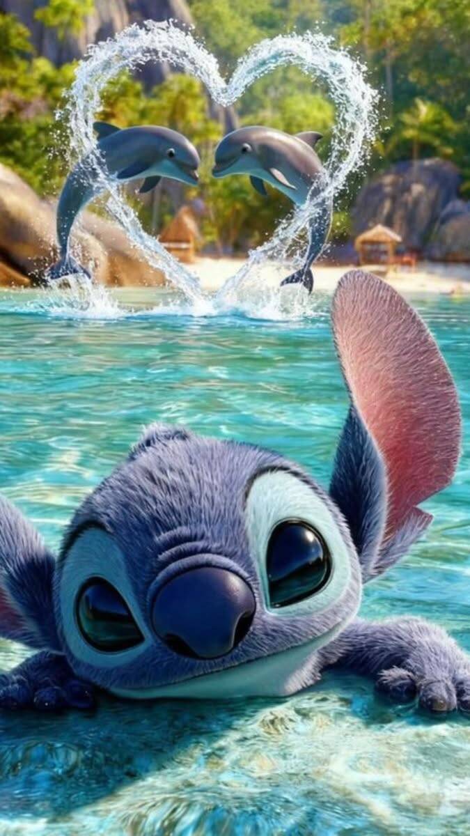 Fondo de Pantalla de Stitch Jugando con Delfines en el Agua para Celular/iPhone 4K