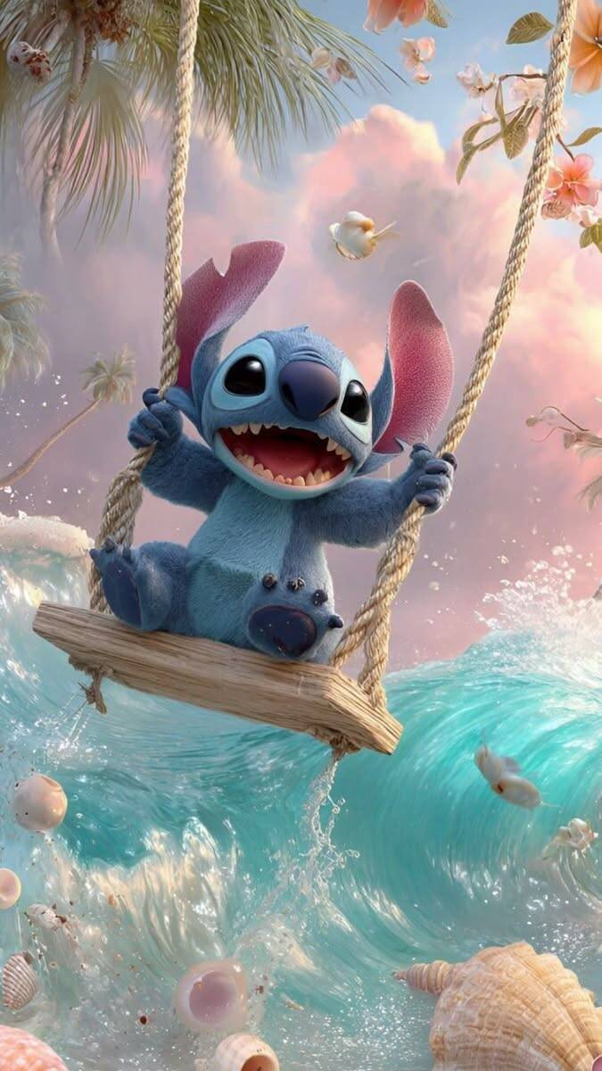 Papel de Parede do Stitch Brincando na Rede na Praia para Celular/iPhone 4K