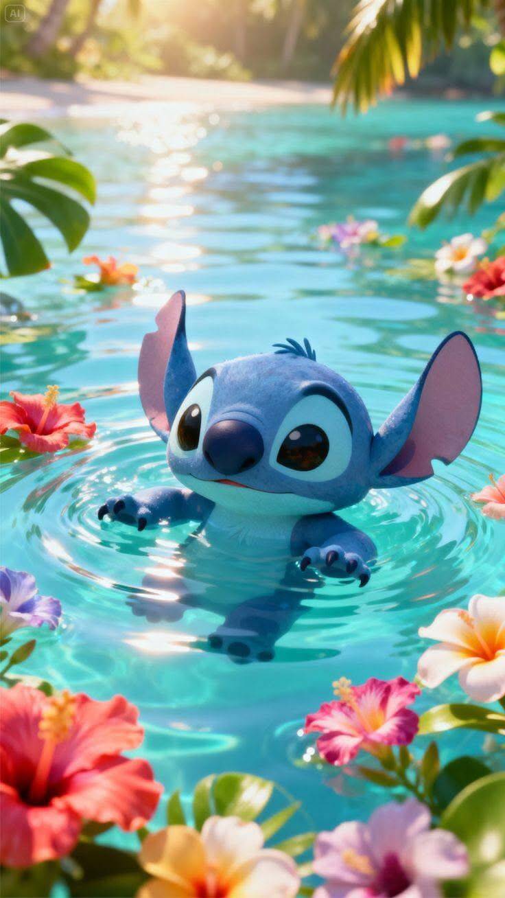Papel de Parede do Stitch Fofo na Água com Flores para Celular/iPhone 4K