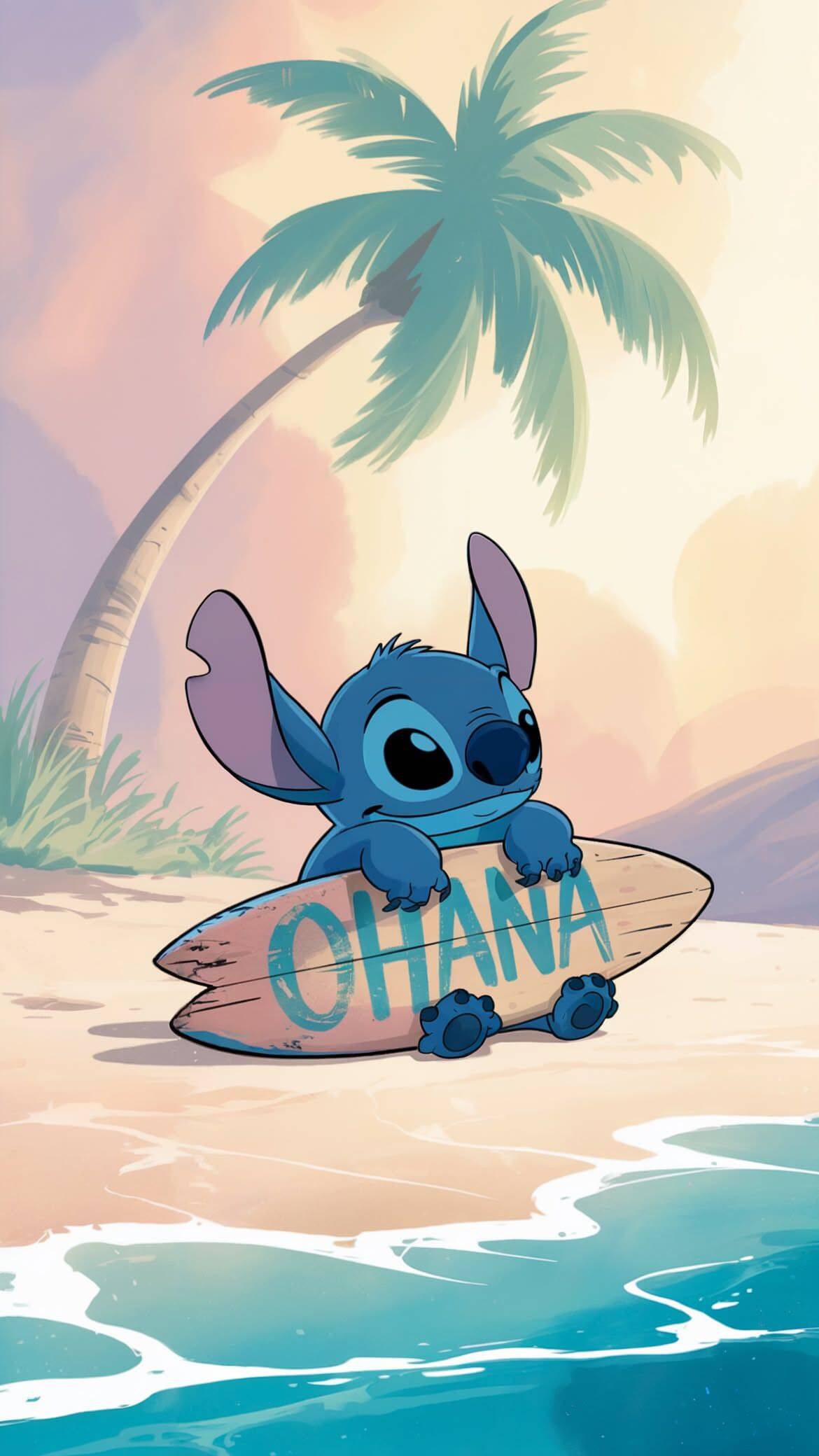 Fondo de Pantalla de Stitch Surfeando en la Playa con Ohana para Móvil/iPhone 4K