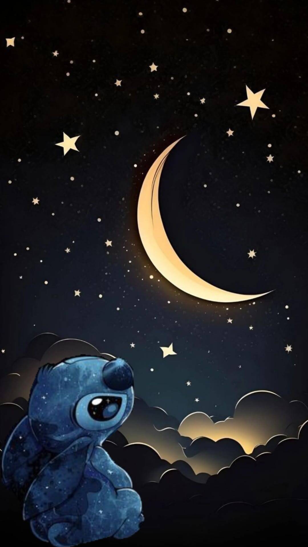 Fondo de Pantalla de Stitch Mirando la Luna y las Estrellas para Móvil/iPhone 4K