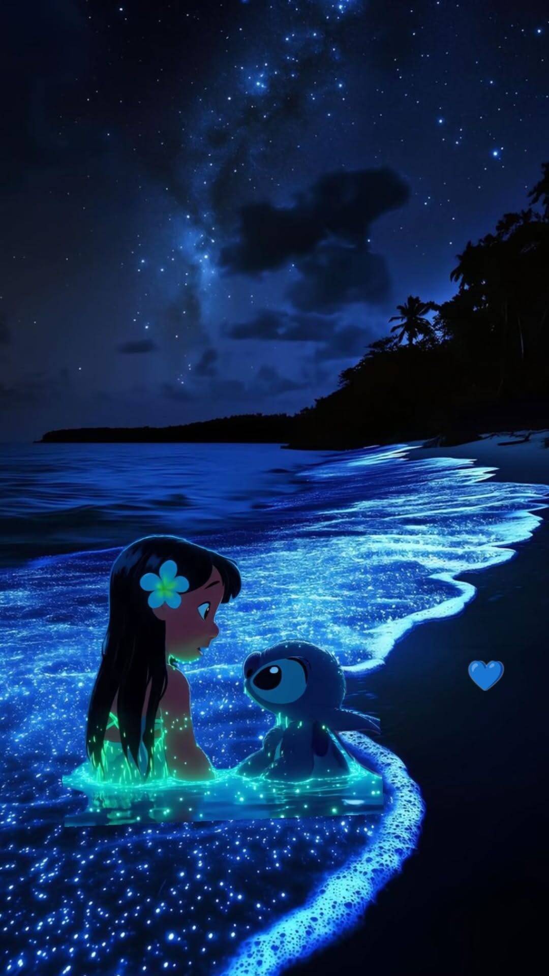 Fondo de pantalla de Stitch y Lilo brillando en la playa de noche para móvil/iPhone 4K