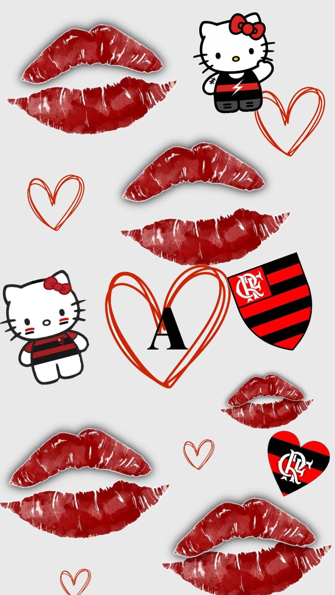 Papel de Parede do Flamengo com Hello Kitty e Beijos para Celular/iPhone 4K