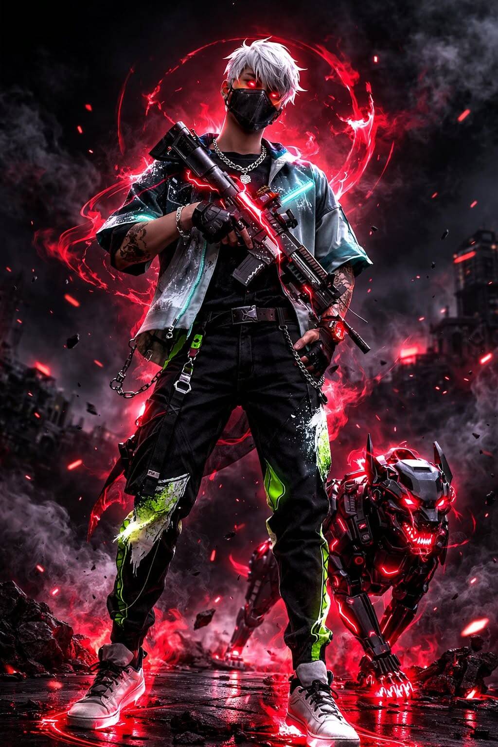 Crea un fondo de pantalla de estilo futurista con personaje y robot para teléfono celular/iPhone 4K