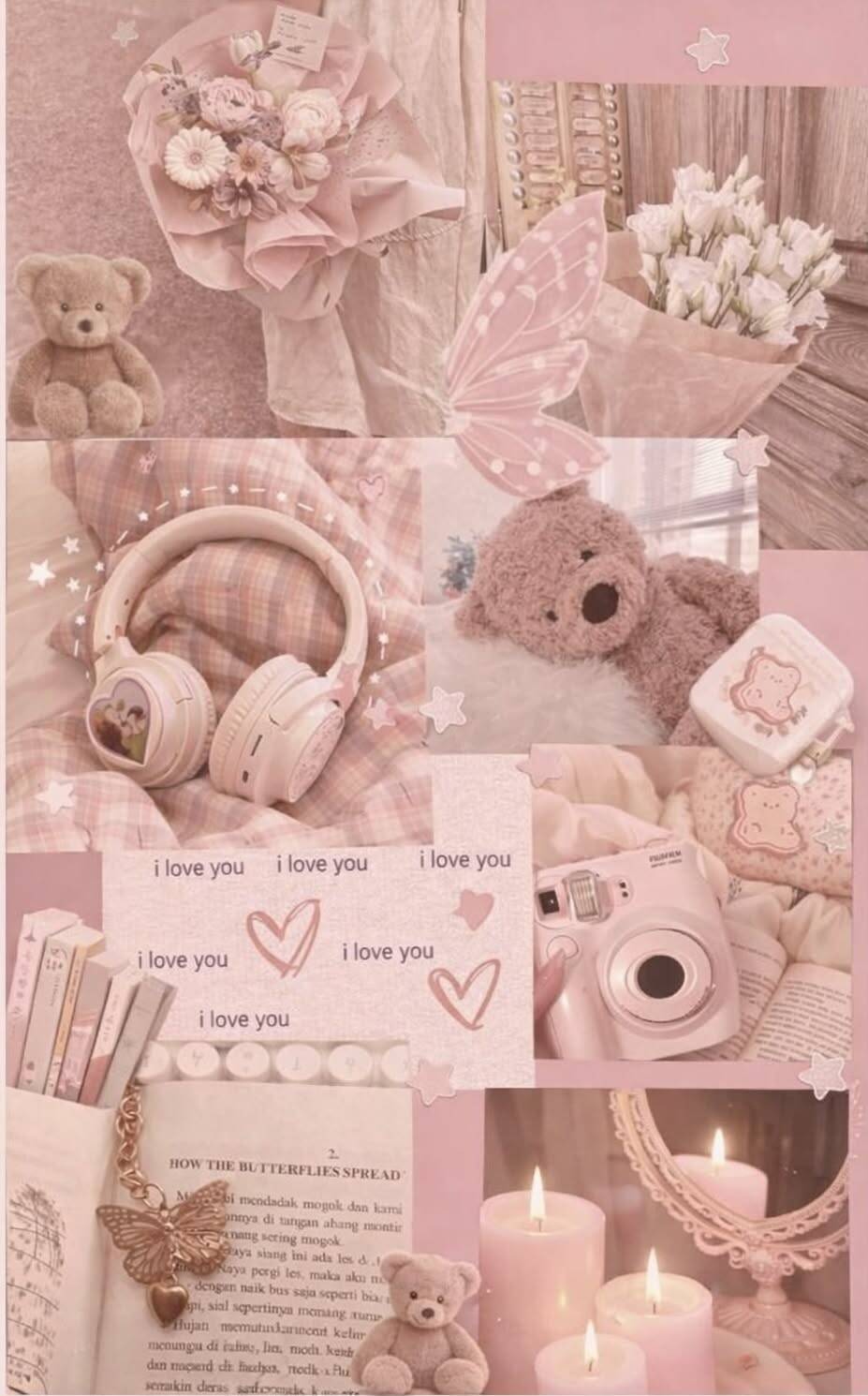 Papel de Parede Aesthetic Rosa com Ursinhos e Flores para Celular/iPhone