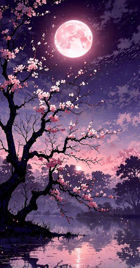 Papel de Parede Aesthetic com Lua Rosa e Flores para Celular/iPhone