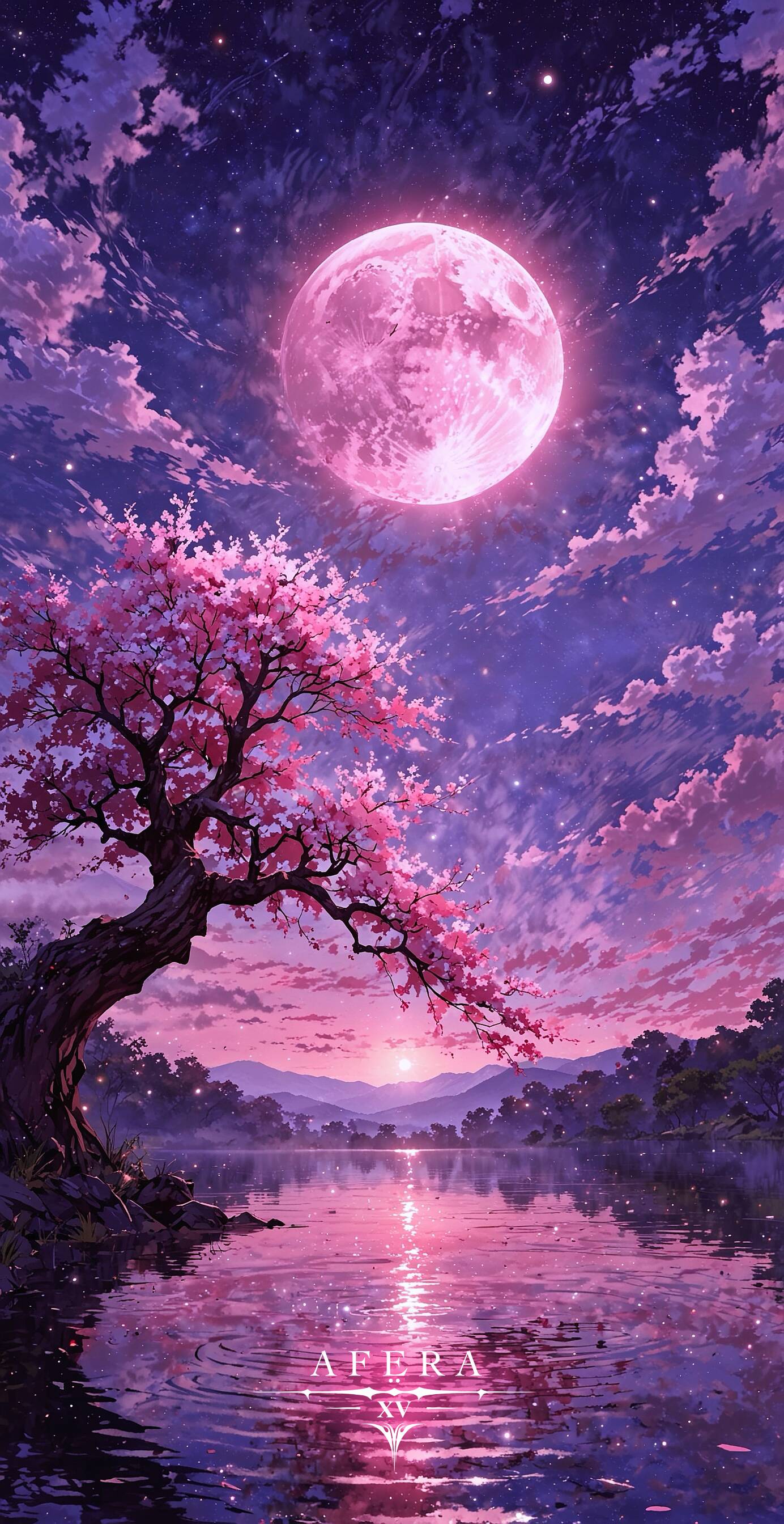 Papel de Parede Aesthetic com Árvore Rosa e Lua Cheia para Celular/iPhone