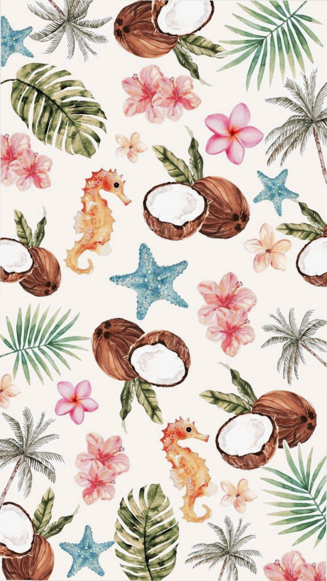 Papel de Parede Aesthetic Tropical com Cavalos Marinhos e Coco para Celular/iPhone
