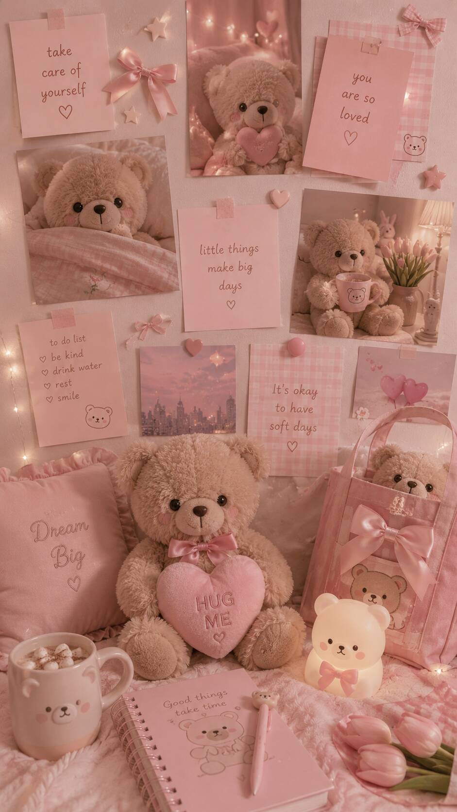 Papel de Parede Aesthetic Rosa com Ursinhos para Celular/iPhone