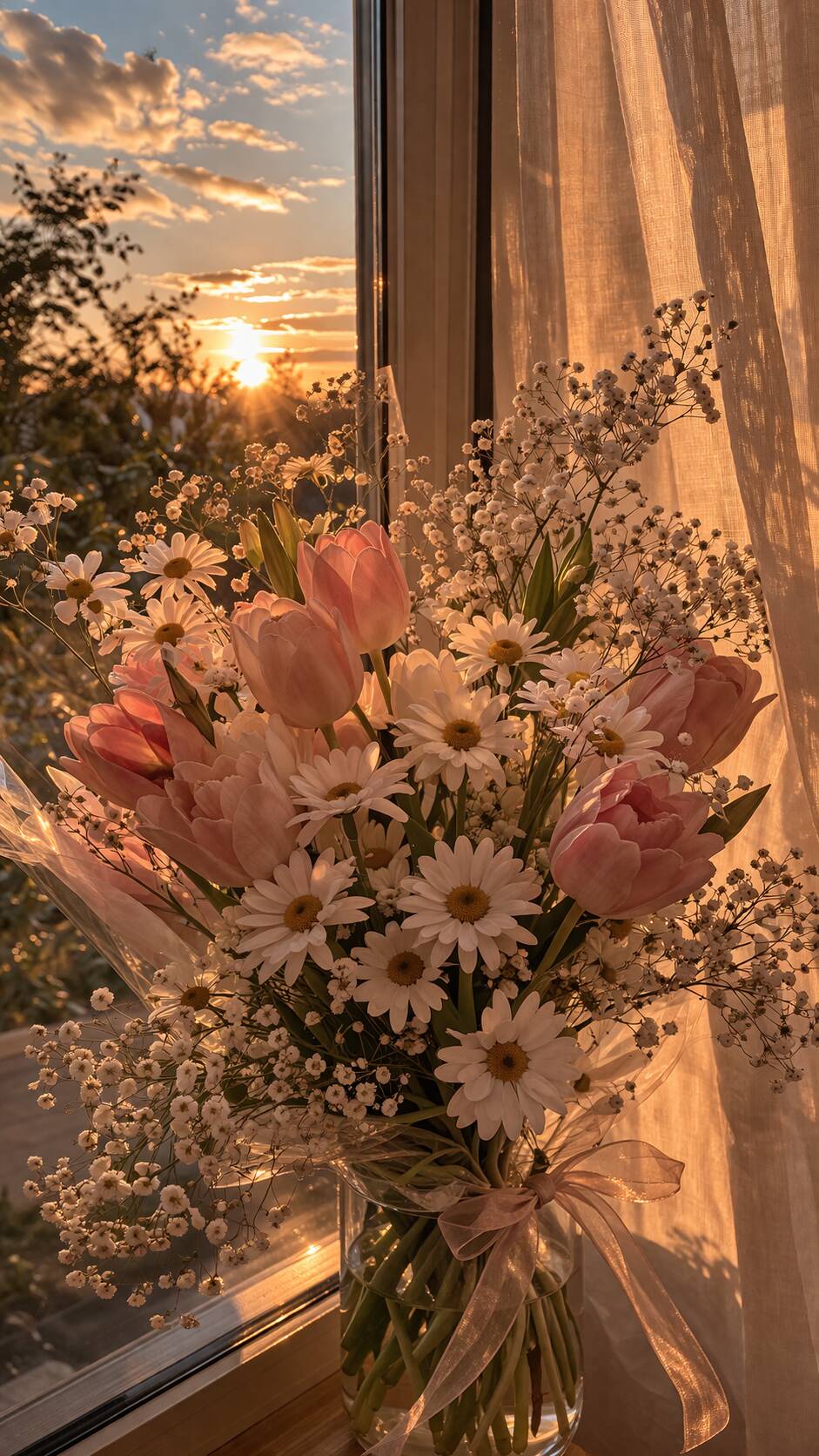 Papel de Parede Aesthetic Flores em Vaso com Pôr do Sol para Celular/iPhone