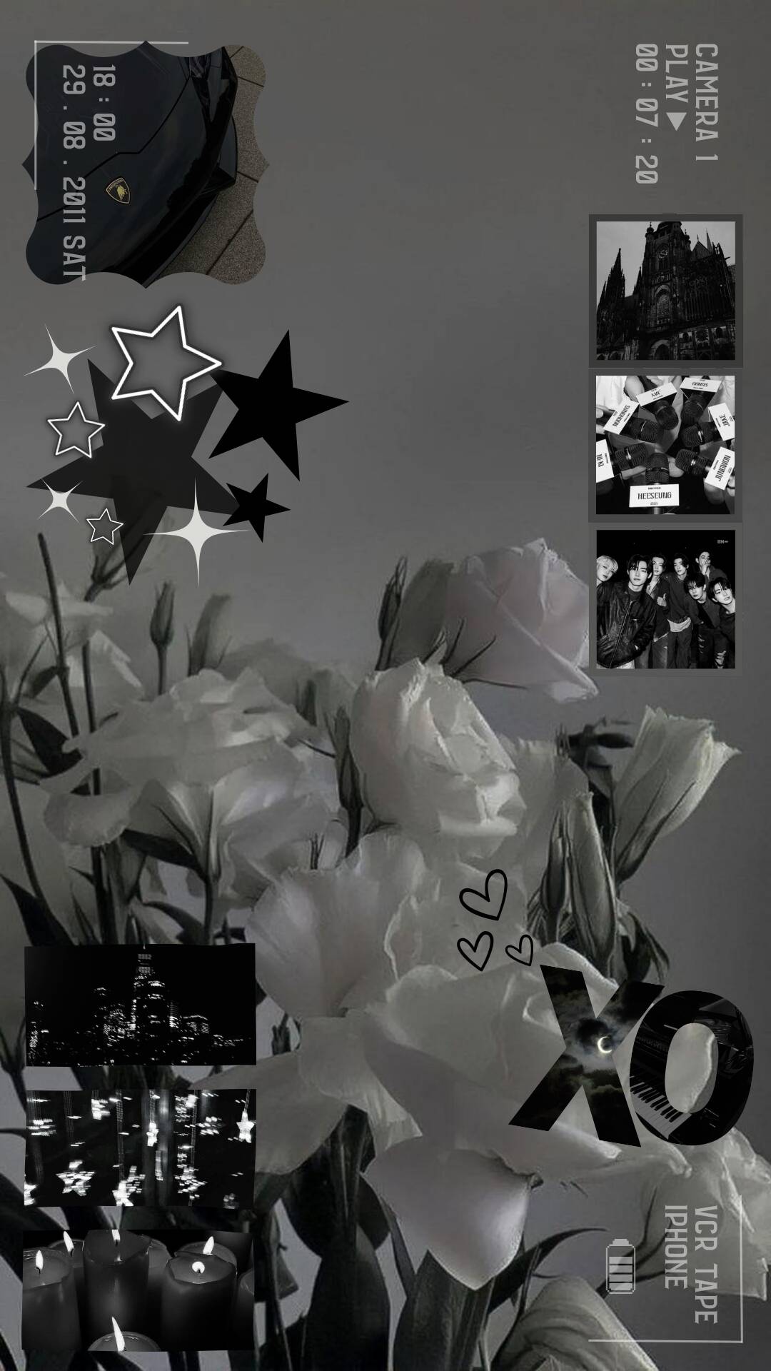 Papel de Parede Aesthetic Preto e Branco com Estrelas e Flores para Celular/iPhone