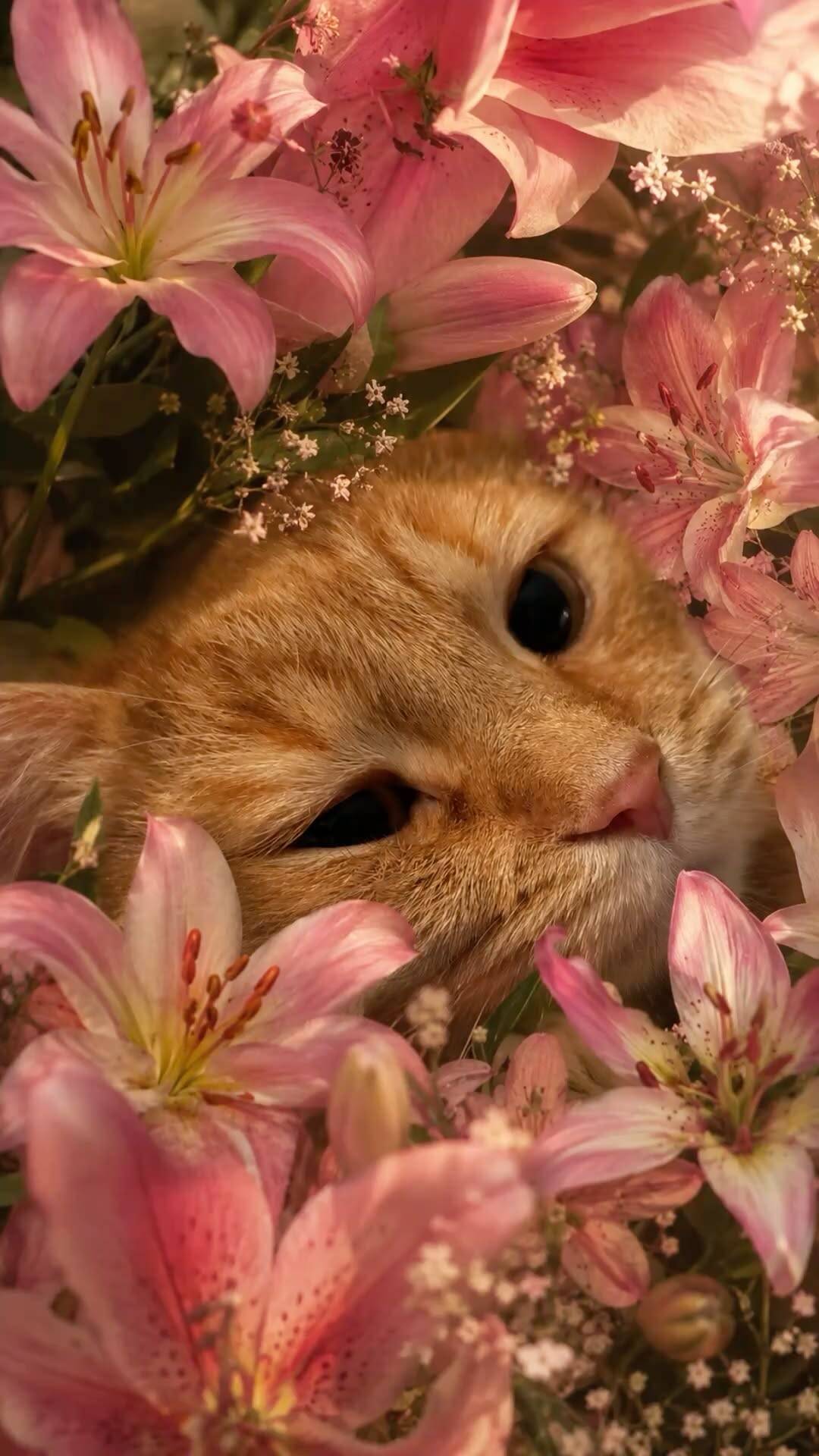 Papel de Parede Aesthetic Gato entre Flores para Celular/iPhone