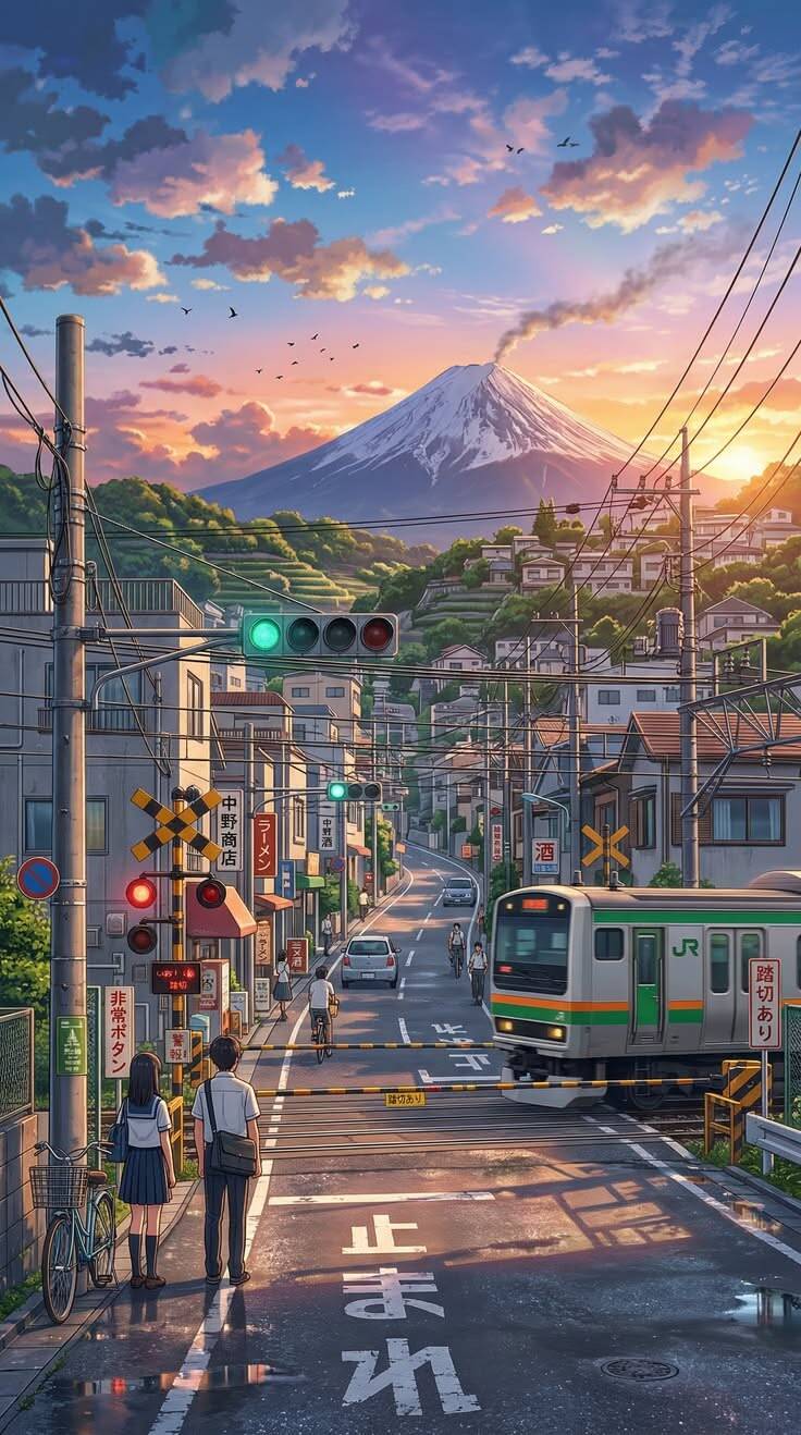 Fondo de Pantalla de Paisaje Anime con el Monte Fuji para Móvil/iPhone 4K