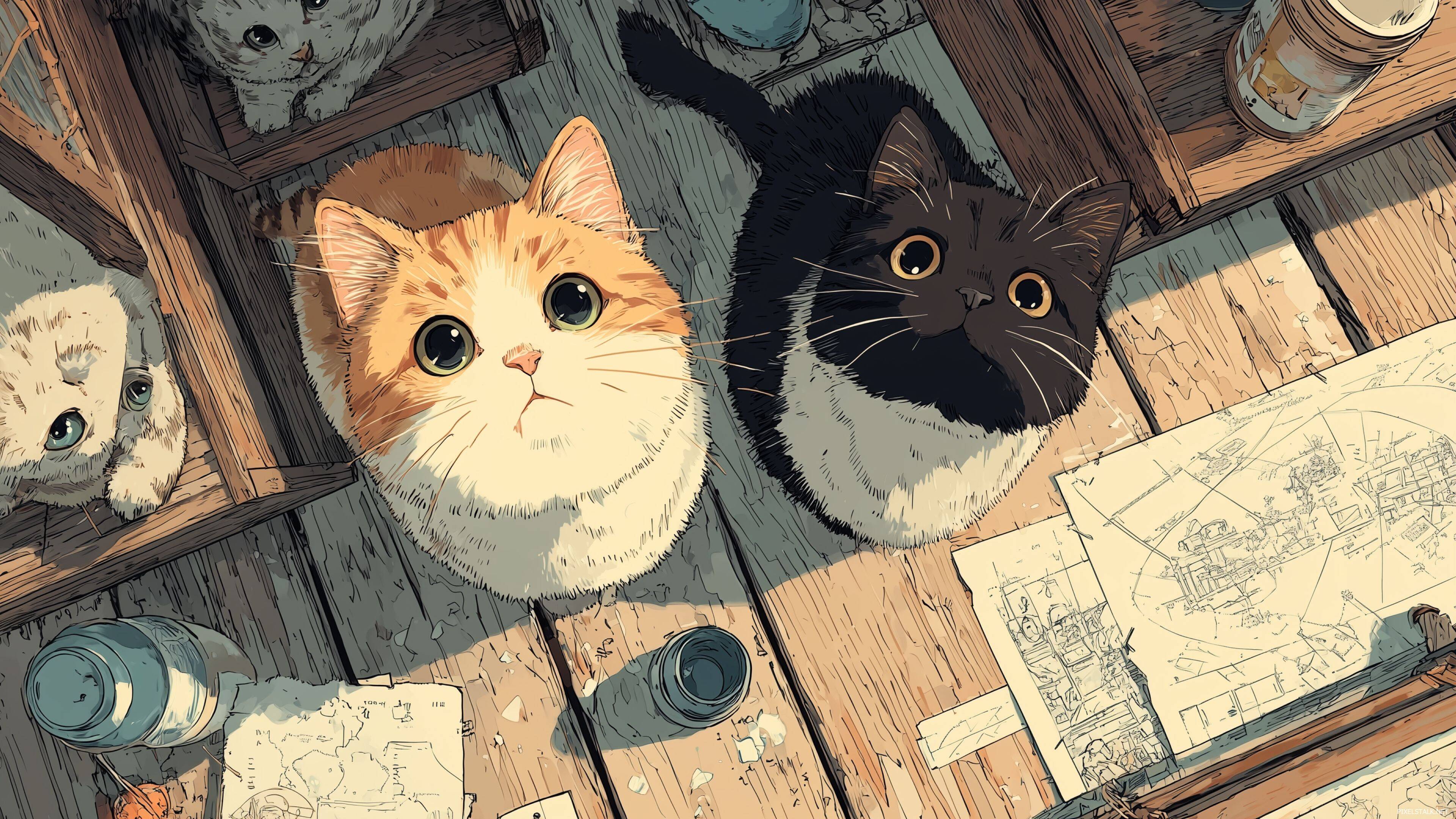 Papel de Parede de Anime Fofo com Gatos para Celular/iPhone 4K