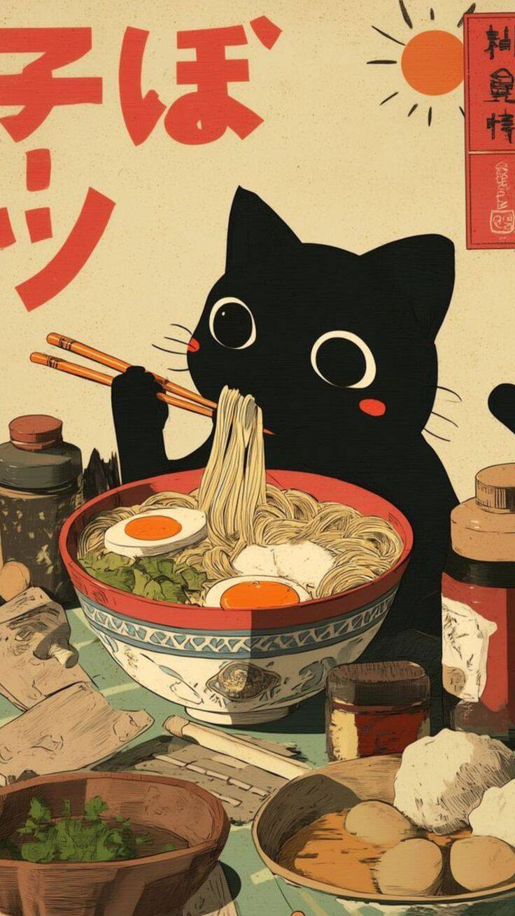 Anime Cute Cat with Ramen Wallpaper for Mobile/iPhone 4K