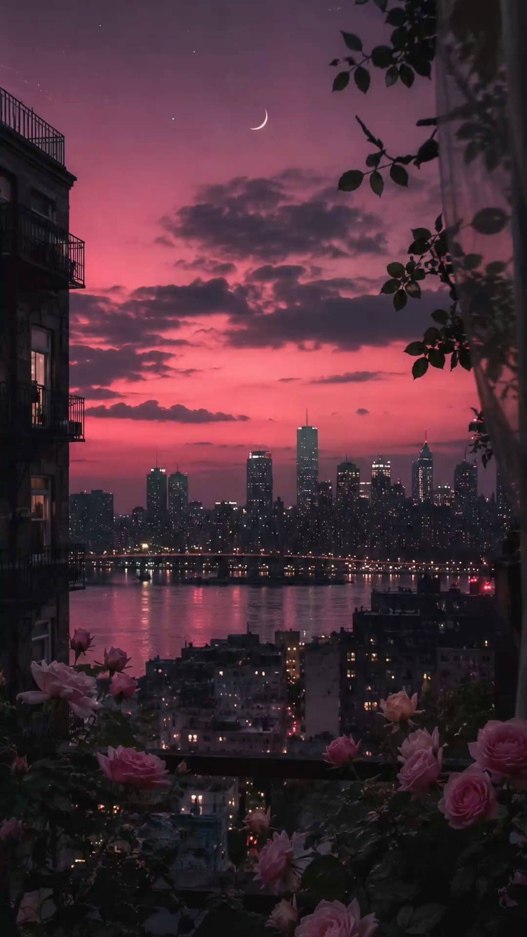 Papel de Parede Aesthetic Pôr do Sol Rosa e Cidade para Celular/iPhone