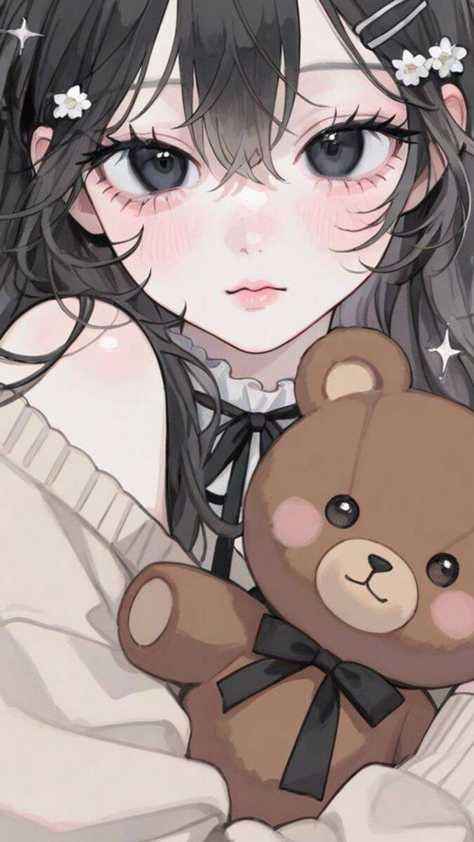 Papel de Parede de Anime Fofa com Menina e Urso de Pelúcia para Celular/iPhone 4K