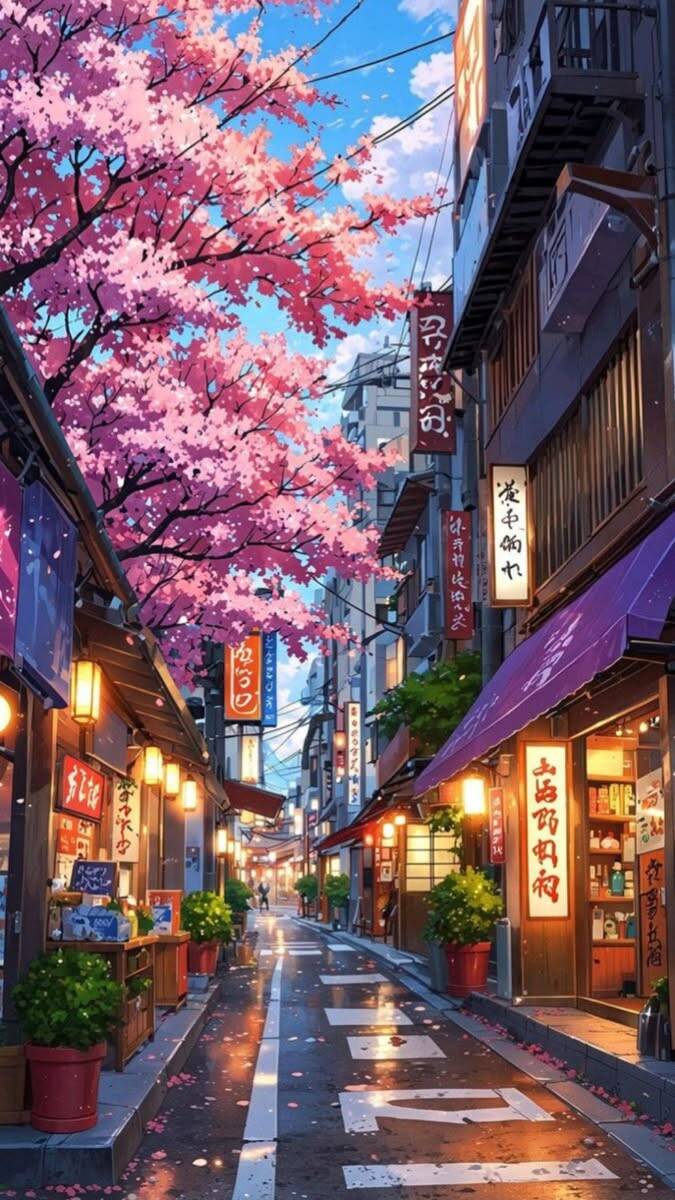 Papel de Parede de Anime Sakura na Rua Japonesa para Celular/iPhone 4K