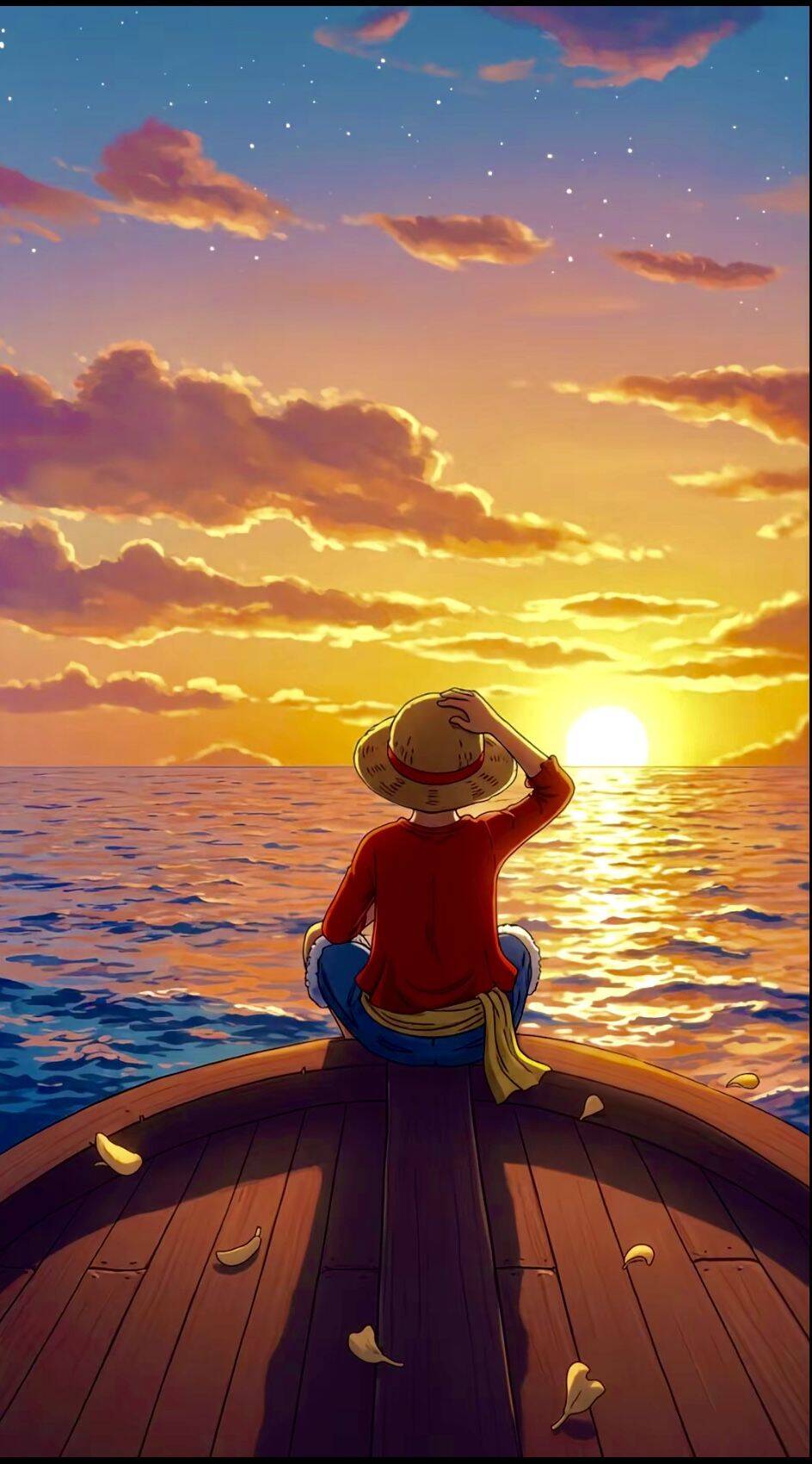 Papel de Parede de Anime Luffy Assistindo ao Pôr do Sol para Celular/iPhone 4K