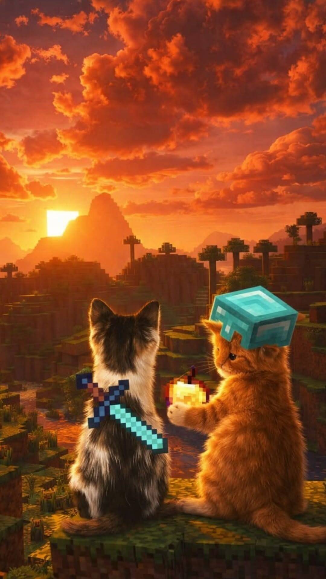 Fondo de Pantalla Divertido de Gatos Jugando Minecraft para Celular/iPhone 4K