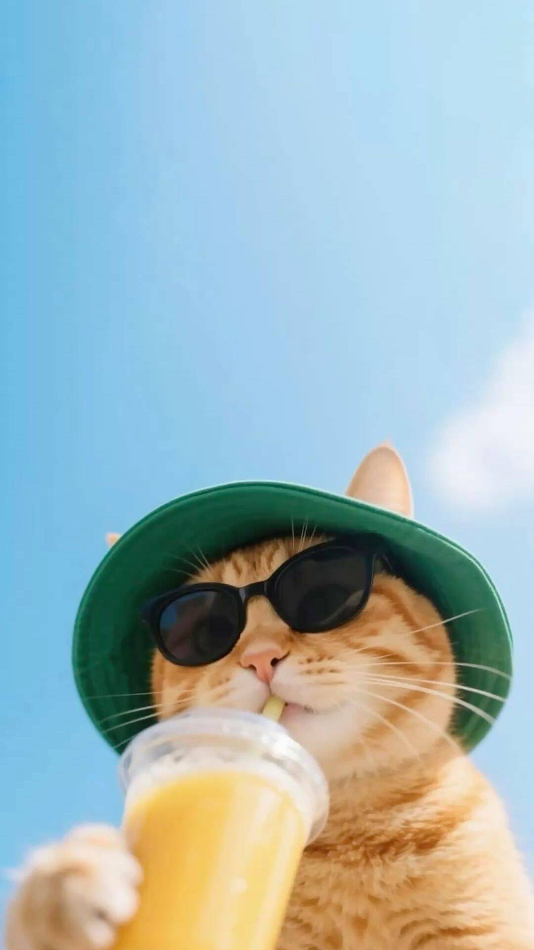 Fondo de Pantalla de Gato Gracioso con Vasos y Jugo para Celular/iPhone 4K