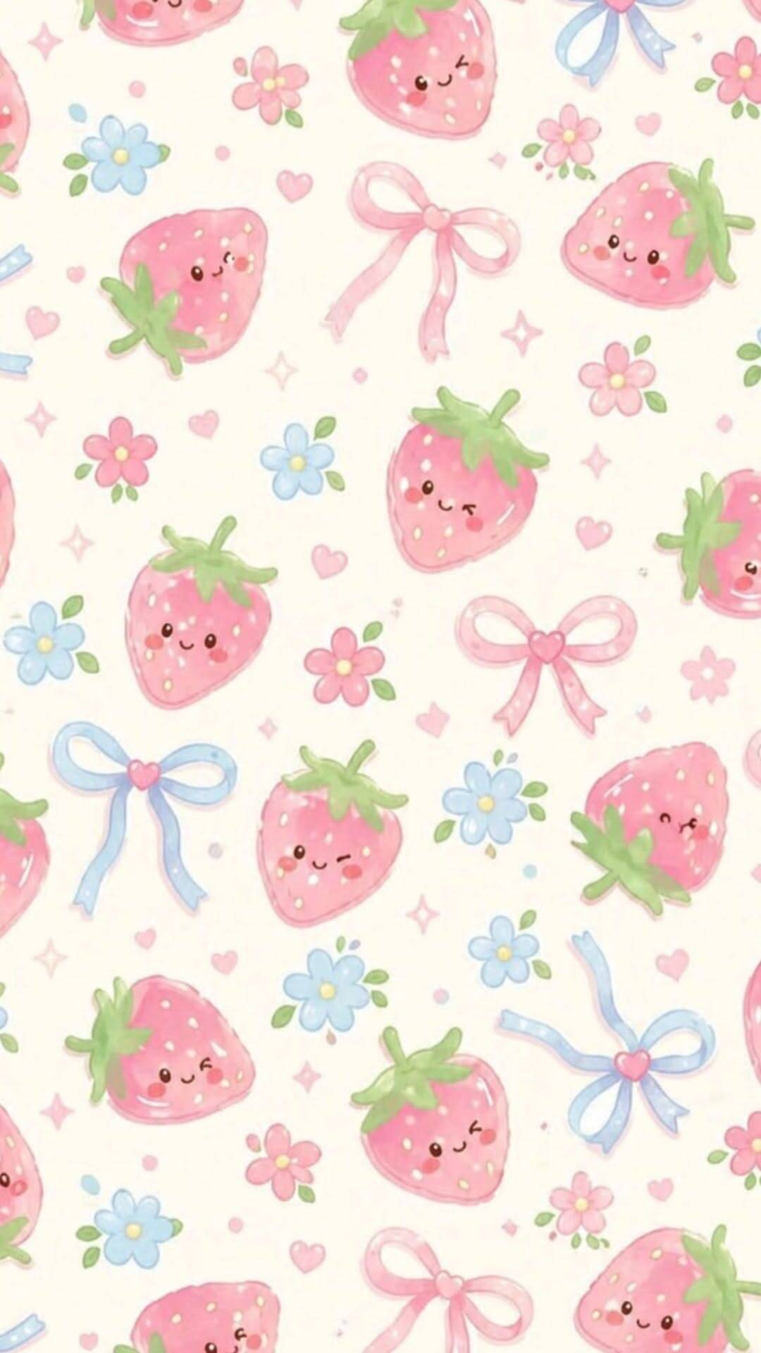 Papel de Parede Fofo de Morangos Sorridentes com Laços para Celular/iPhone 4K