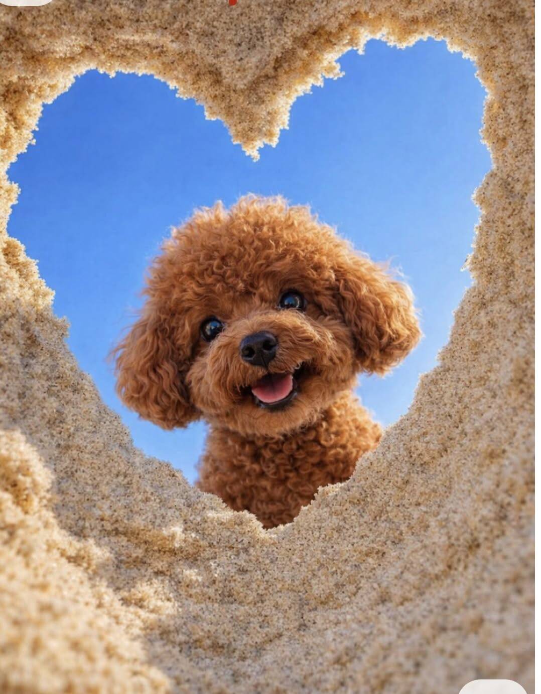 Fondo de Pantalla de Lindo Cachorro Sonriente en Corazón de Arena para Móvil/iPhone 4K