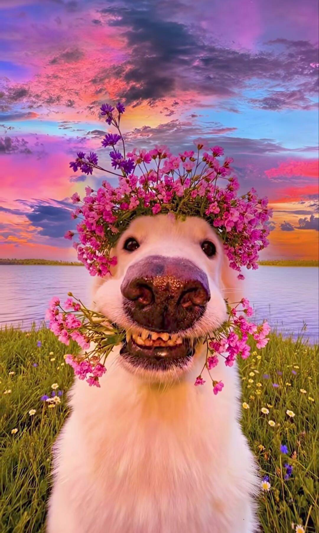 Fondo de Pantalla de Perro Sonriente Gracioso con Flores para Móvil/iPhone 4K