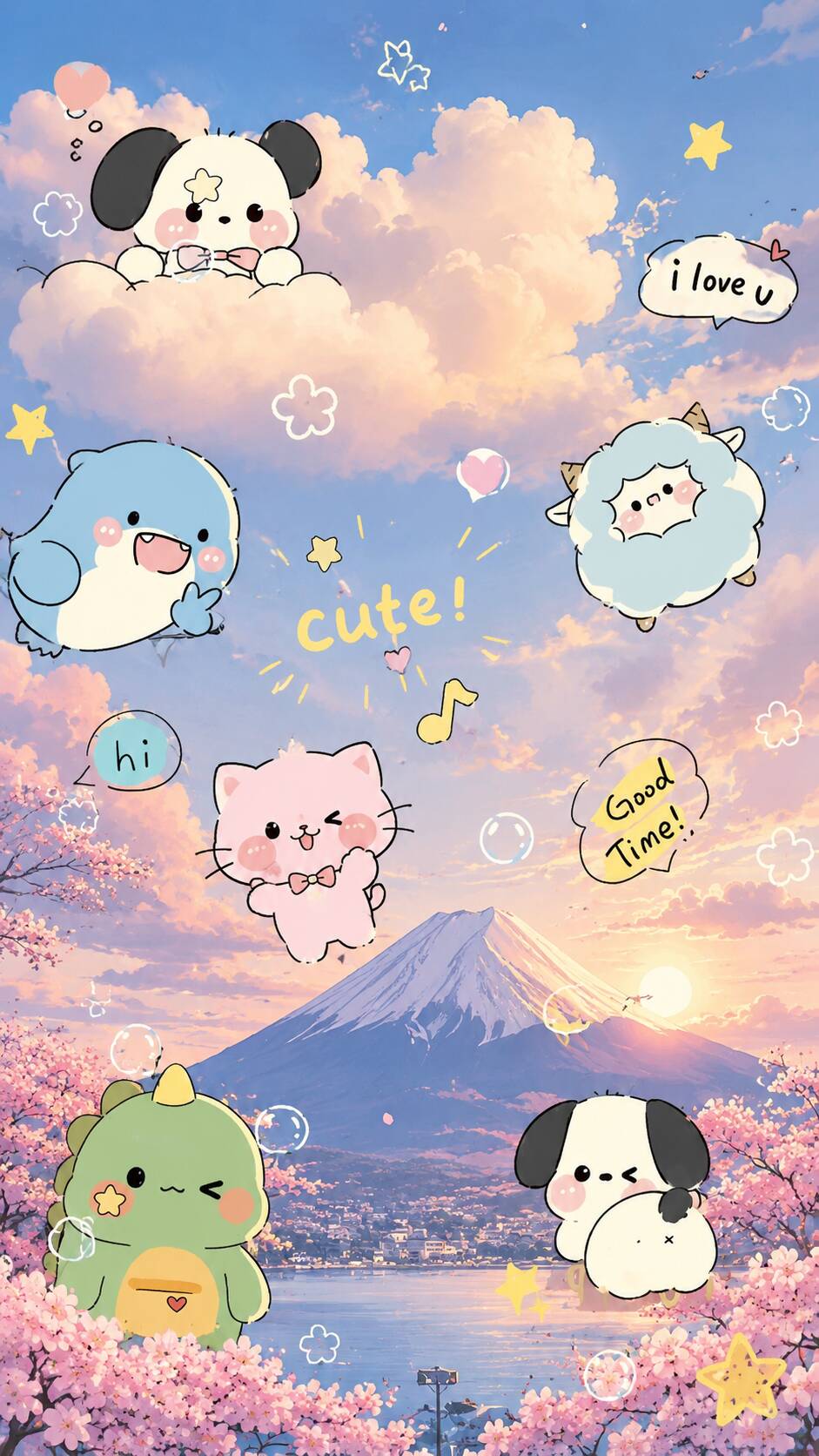 Papel de Parede Fofo de Animais Kawaii com Nuvens para Celular/iPhone 4K