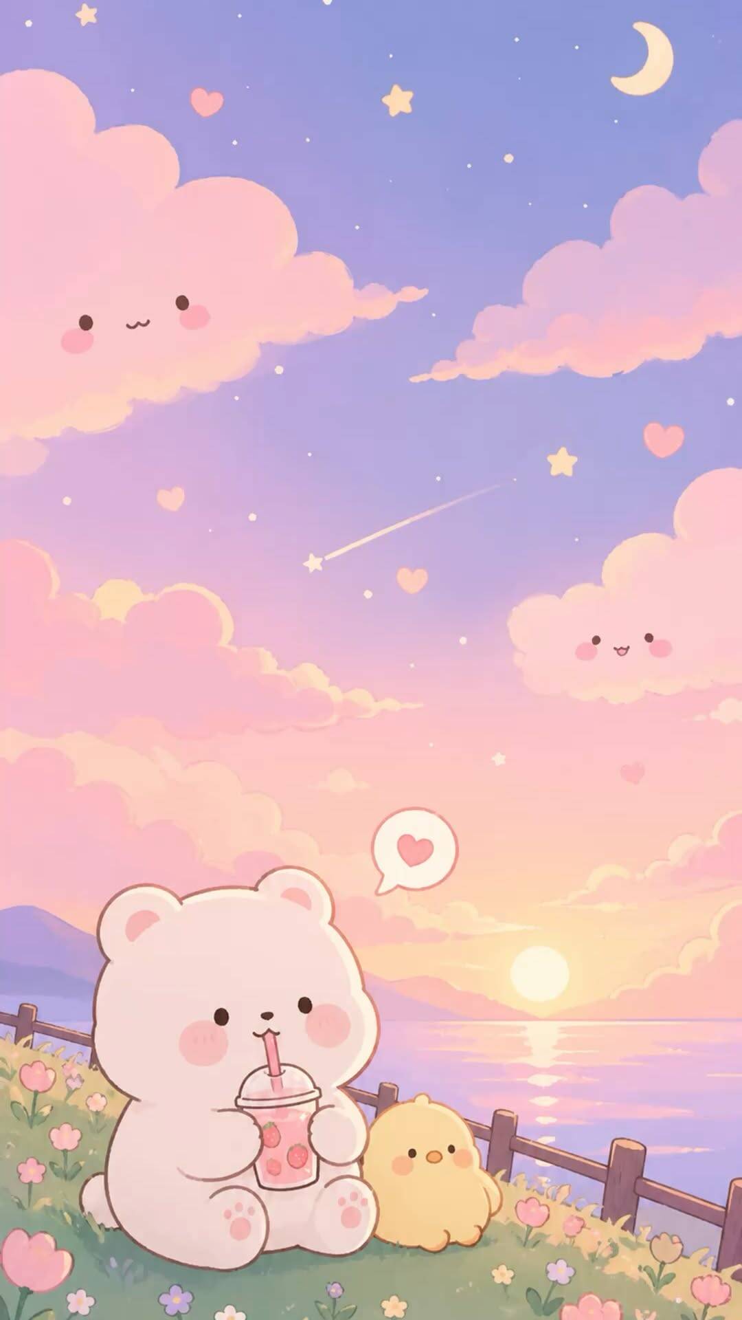 Papel de Parede Fofo de Urso Bebendo Suco com Nuvens para Celular/iPhone 4K