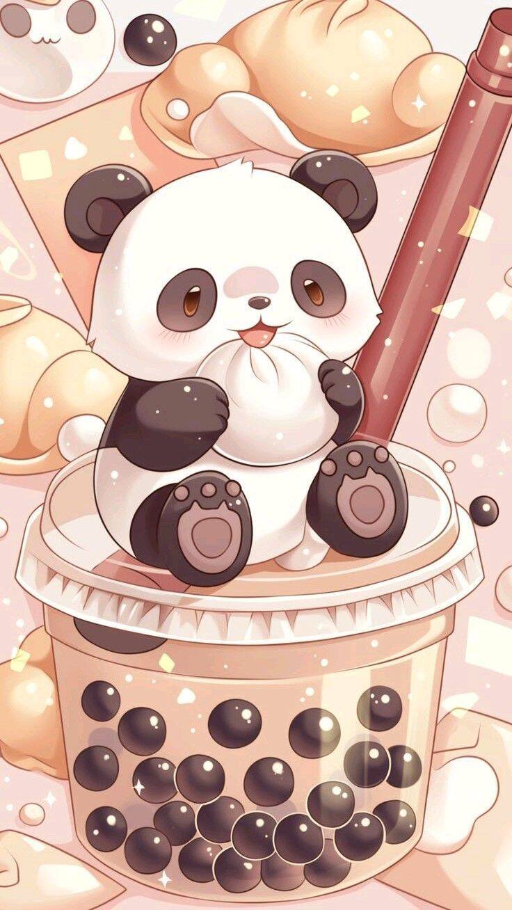 Papel de Parede Fofo de Panda com Bolinhas de Tapioca para Celular/iPhone 4K
