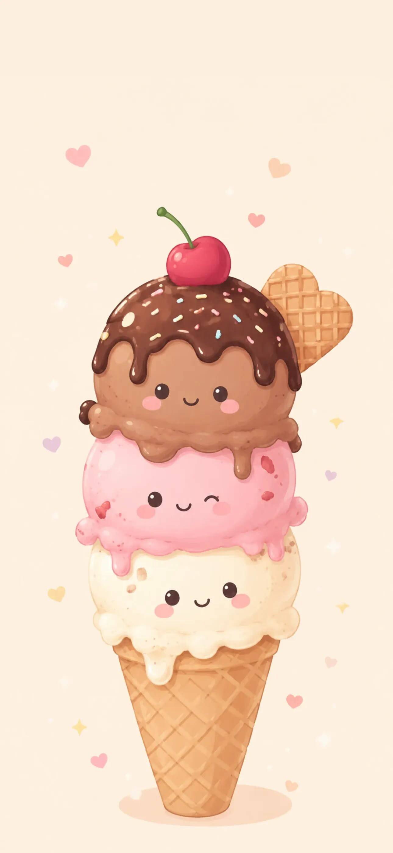 Papel de Parede Fofo de Sorvete Kawaii com Coração para Celular/iPhone 4K