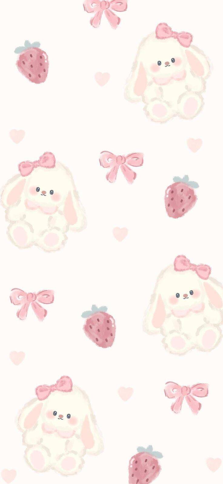 Fondo de Pantalla de Lindo Conejito con Lazo y Fresas para Celular/iPhone 4K