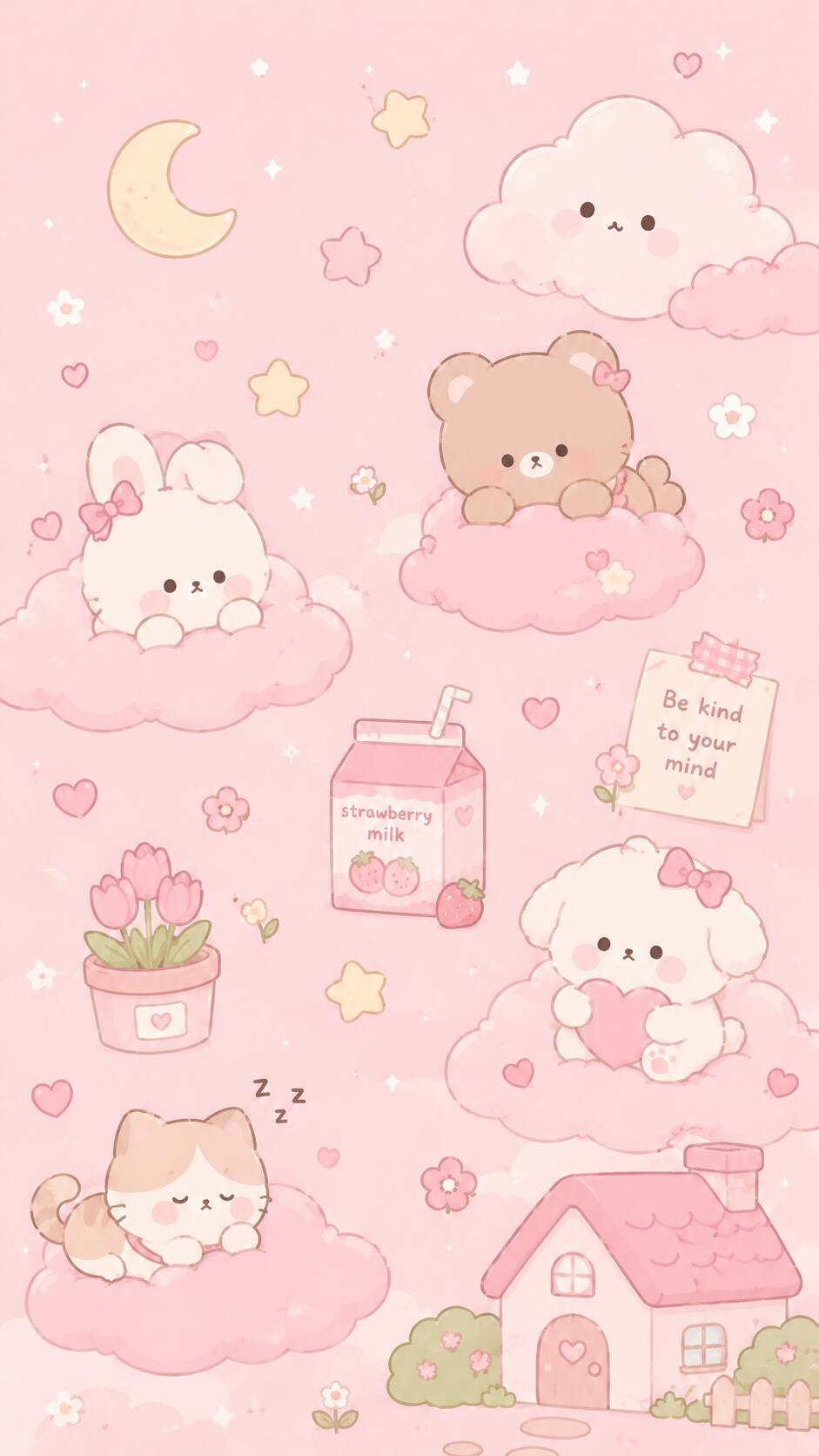 Fondo de Pantalla de Lindos Animales Kawaii en Nubes para Móvil/iPhone 4K
